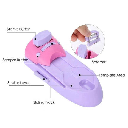 DIY Nail Art Printing Stamp Machine Set For At Home Manicures - pink and purple stamping tool showing stamp button, scraper, template area, sliding track
