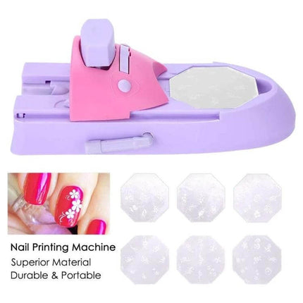 DIY Nail Art Printing Stamp Machine Set For At Home Manicures - lavender pink portable nail stamping kit with 6 templates
