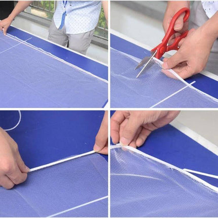 DIY Polyester Window Screen With Hook and Loop Fastener being trimmed and attached by hand for tool-free window insect protection