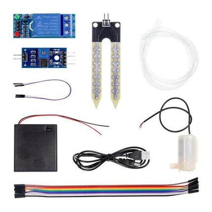 DIY Soil Moisture Automatic Watering Kit for Plants, 1-Way showing relay module, moisture probe, pump, tubing, battery box and jumper wires