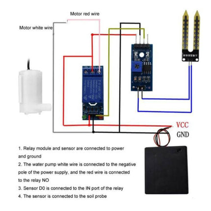 DIY Soil Moisture Automatic Watering Kit for Plants, 1-Way circuit diagram showing relay, soil moisture probe, pump wiring and VCC GND connections