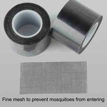 Door Curtain Mosquito Net Repair Tape 5cm x 2m For Doorways showing black mesh repair tape rolls and sample piece, ideal for sealing torn door screens