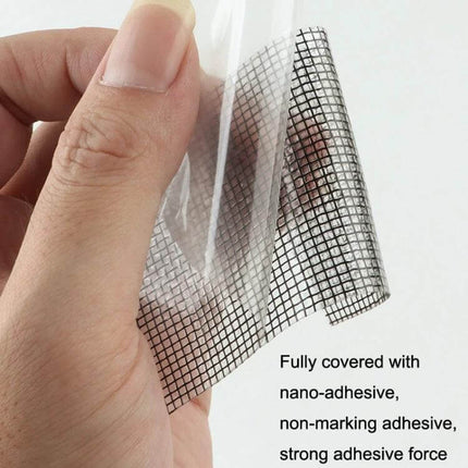 Door Curtain Mosquito Net Repair Tape 5cm x 2m For Doorways - hand holding clear nano-adhesive repair tape applied to torn mesh screen
