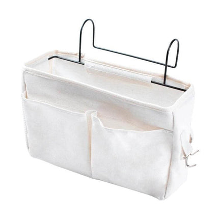 Dormitory Bedside Phone Storage Bag Large Capacity cotton linen bedside organizer with pasteable backing and iron hook for glasses keys charger