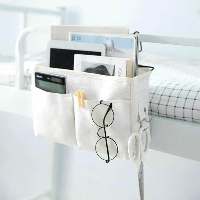Dormitory Bedside Phone Storage Bag Large Capacity cotton-linen bedside organizer with pockets holding glasses, tablet, phone and scissors