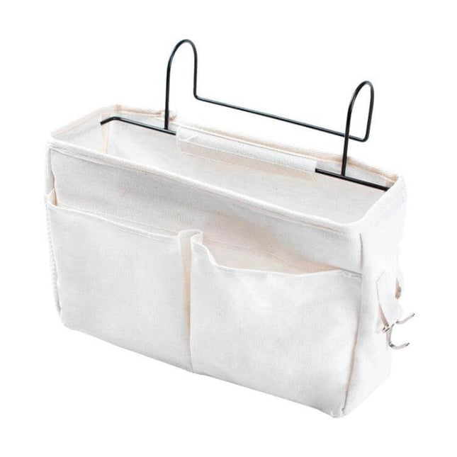 Dormitory Bedside Phone Storage Bag Large Capacity cotton linen bedside organizer with pasteable backing iron hook for glasses keys headphones