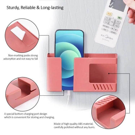 Double Grid Wall Mounted Storage Box For Remotes And Phone - pink wall-mounted holder for phone and remote with charging port and strong double-sided tape
