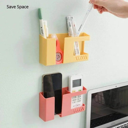 Double Grid Wall Mounted Storage Box For Remotes And Phone - pink wall-mounted organizer holding phone and remote, saves space