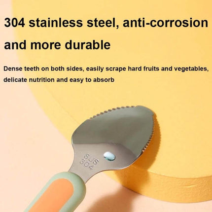 Double-Head Baby Food Spoon With Scraper For Gentle Feeding - silicone spoon with 304 stainless steel scraper edge on yellow background