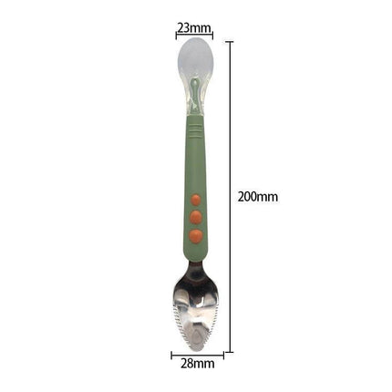 Double-Head Baby Food Spoon With Scraper For Gentle Feeding – green handle, silicone spoon head (23mm), 200mm length, stainless steel scraper tip (28mm)