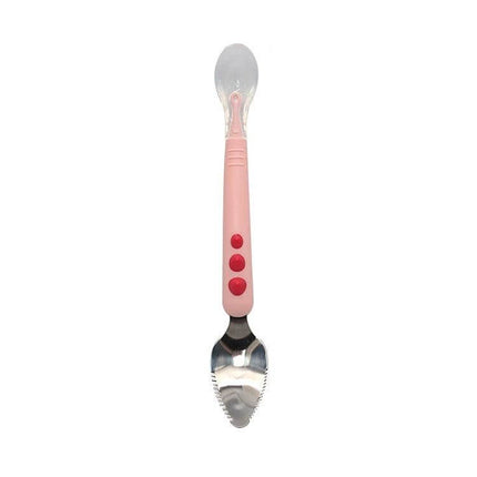 Double-Head Baby Food Spoon With Scraper For Gentle Feeding - pink silicone rounded head with stainless steel scraper teeth and ergonomic handle