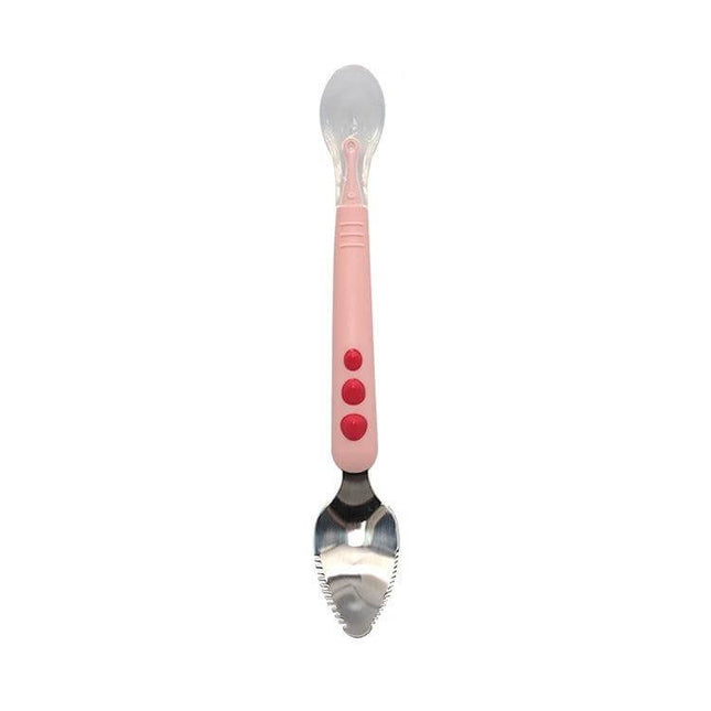 Double-Head Baby Food Spoon With Scraper For Gentle Feeding - pink silicone rounded head with stainless steel scraper teeth and ergonomic handle