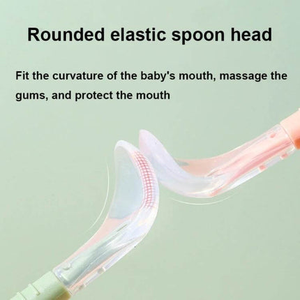 Double-Head Baby Food Spoon With Scraper For Gentle Feeding — rounded elastic silicone spoon head that massages gums and protects the mouth