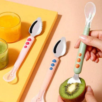 Double-Head Baby Food Spoon With Scraper For Gentle Feeding - pastel silicone spoon with stainless scraping edge used to scoop kiwi and purees