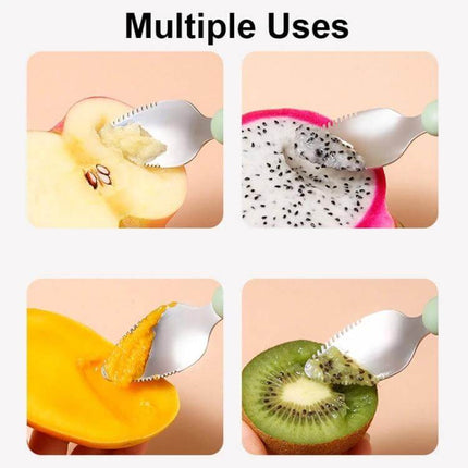 Double-Head Baby Food Spoon With Scraper For Gentle Feeding - silicone spoon and stainless steel scraper lifting fruit pulp from apple, dragonfruit, mango, kiwi