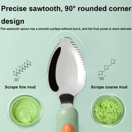 Double-Head Baby Food Spoon With Scraper For Gentle Feeding showing sawtooth stainless scraping edge and rounded silicone spoon head for lifting puree