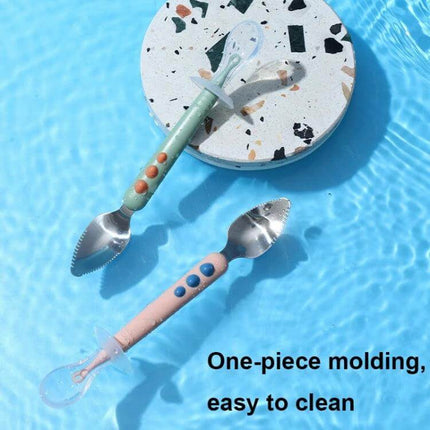 Double-Head Baby Food Spoon With Scraper For Gentle Feeding - pastel green and pink silicone heads with stainless steel scraper and gum-massaging rounded spoon