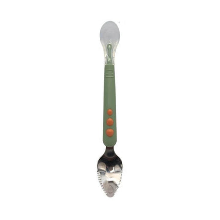 Double-Head Baby Food Spoon With Scraper For Gentle Feeding — green handle silicone spoon head and stainless steel scraper for baby feeding