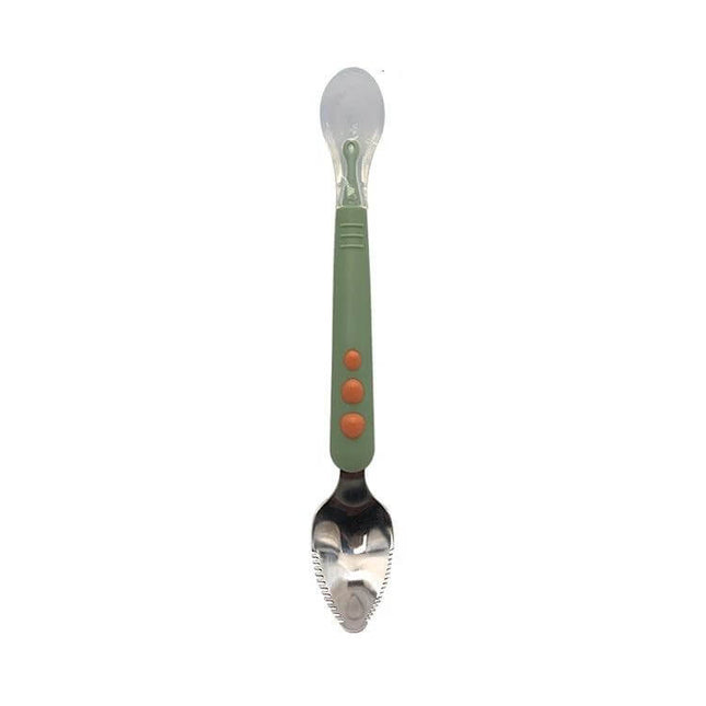 Double-Head Baby Food Spoon With Scraper For Gentle Feeding — green handle silicone spoon head and stainless steel scraper for baby feeding