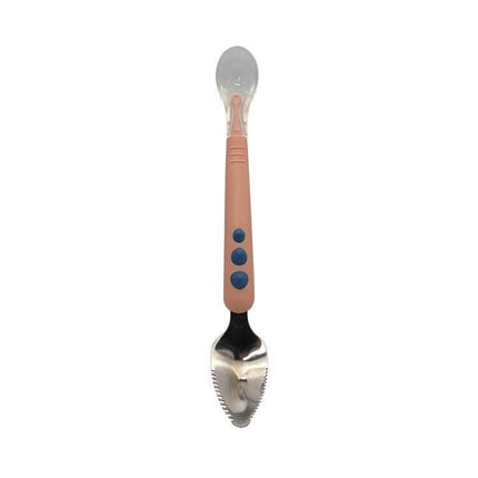 Double-Head Baby Food Spoon With Scraper For Gentle Feeding - silicone spoon with rounded head and stainless steel scraper teeth, ergonomic non-slip handle