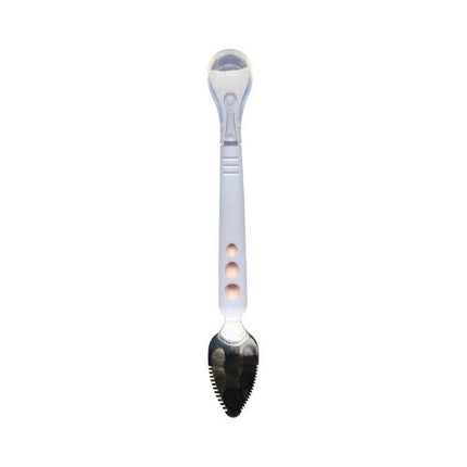 Double-Head Baby Food Spoon With Scraper For Gentle Feeding - white silicone rounded head with stainless steel scraper teeth, ergonomic handle