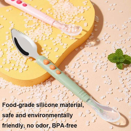 Double-Head Baby Food Spoon With Scraper For Gentle Feeding - green silicone spoon with stainless steel scraper edge, ergonomic handle for feeding and gum massage