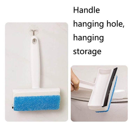 Double Sided Bathroom Window Cleaning Brush For Glass Mirrors hanging storage handle with blue scrub pad and squeegee for streak-free glass cleaning