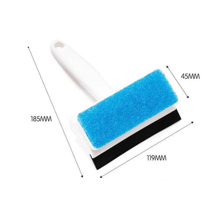 Double Sided Bathroom Window Cleaning Brush For Glass Mirrors - double-sided scrub and squeegee with blue pad, 185mm handle, 119mm blade for streak-free glass