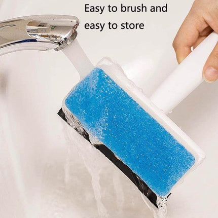 Double Sided Bathroom Window Cleaning Brush For Glass Mirrors being rinsed under faucet, blue double-sided scrub on white handle