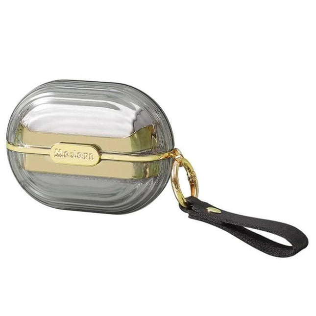 Double-Sided Clothing Lint Remover Roll for Clothes compact portable grey case with gold trim and wrist strap for on-the-go touch-ups