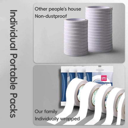 Double Sided Tape, High Adhesive, 9 To 24 mm Widths For Light Items - stacked white rolls and individually wrapped portable packs for office and home use