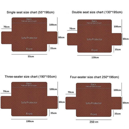 Double-Sided Waterproof Pet Sofa Cover 250x196 cm Diamond Pattern showing size chart and layout for single, double, three-seater and four-seater sofas