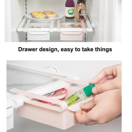 Drawer Style Fridge Storage Rack For Easy Organization - white pull-out drawer holding condiments, snacks and bottled beverages for fridge organization