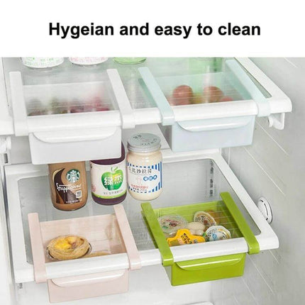 Drawer Style Fridge Storage Rack For Easy Organization - under-shelf pull-out drawers organizing condiments, snacks and bottles in refrigerator