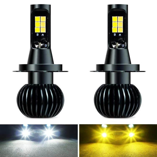 Dual Color Car Fog Light for White and Amber Driving - Dual LED bulbs showing white and amber modes, switchable for fog and clear night visibility