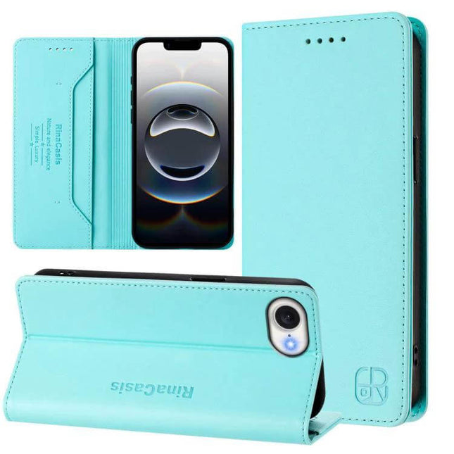 Dual-Folded Magnetic RFID Leather Phone Case For Everyday Use - turquoise wallet phone case with card slots, RFID protection and magnetic closure