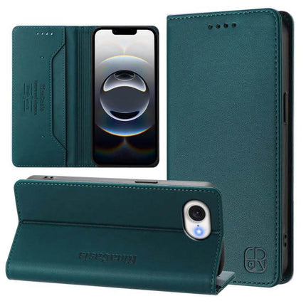 Dual-Folded Magnetic RFID Leather Phone Case For Everyday Use showing teal wallet-style phone case with card slots, magnetic closure and kickstand