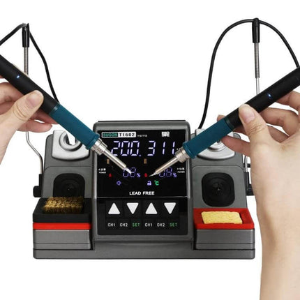 Dual Handles Soldering Station For Small-Joint Projects with two independent soldering handles and digital display for precision electronics and jewelry work