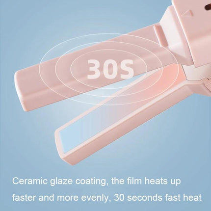 Dual-Use Mini Electric Hair Straightener, Cherry Pink showing ceramic glaze plates and 30s fast heat for travel-sized touch-ups