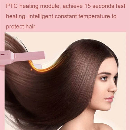 Dual-Use Mini Electric Hair Straightener, Cherry Pink being used for quick touch-ups with PTC heating and ceramic coating on long brown hair