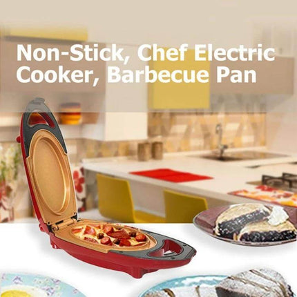 Dual Layer Smokeless Nonstick Electric Pot For Roasting And Frying shown open with golden nonstick surface cooking roasted vegetables in a compact kitchen setting