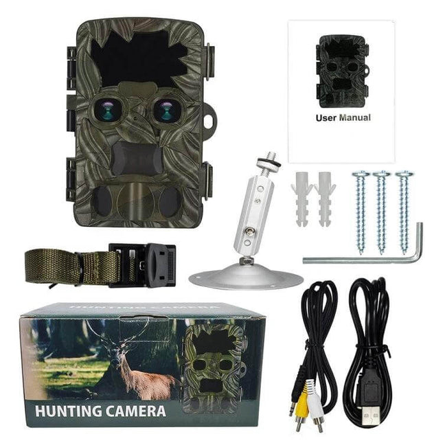 Dual Lens Outdoor Camera for Nighttime Monitoring - camo hunting trail camera kit with mounting hardware, strap, cables and user manual