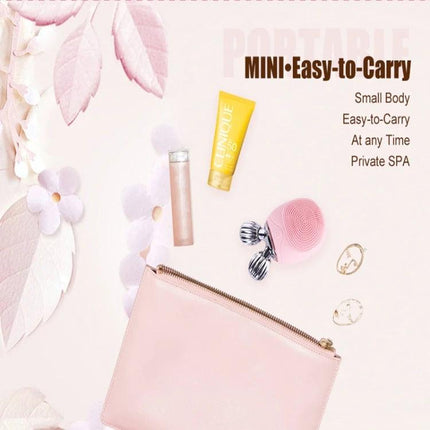 Duosi 2in1 Electric Facial Cleansing Brush For Daily Face Care compact pink silicone brush with travel pouch and skincare items