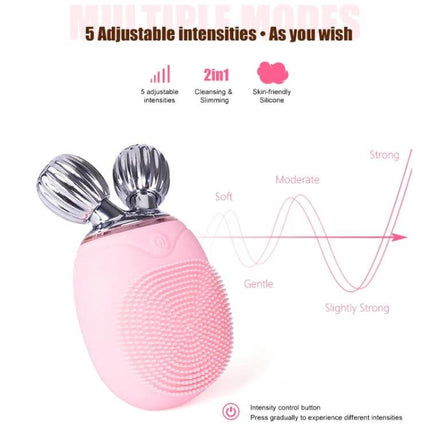 Duosi 2in1 Electric Facial Cleansing Brush For Daily Face Care compact pink silicone brush with vibration massage, 5 adjustable intensities, waterproof