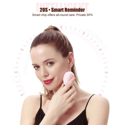 Duosi 2in1 Electric Facial Cleansing Brush For Daily Face Care — pink silicone 2-in-1 cleanser used by woman, gentle vibration massage, IPX6 waterproof, nose tip