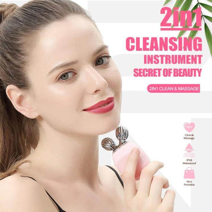 Duosi 2in1 Electric Facial Cleansing Brush For Daily Face Care - woman using pink 2-in-1 silicone cleansing and massage device, waterproof, for sensitive skin