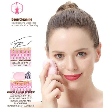 Duosi 2in1 Electric Facial Cleansing Brush For Daily Face Care - woman using pink silicone vibrating facial cleanser for deep cleaning and sensitive skin