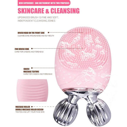 Duosi 2in1 Electric Facial Cleansing Brush For Daily Face Care pink silicone brush with vibration massage and dual roller for cleansing and waterproof use