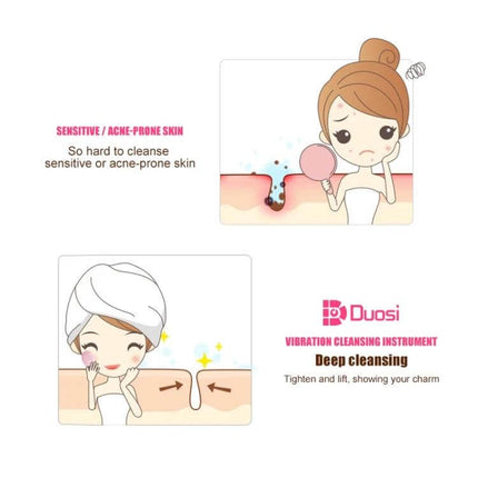 Duosi 2in1 Electric Facial Cleansing Brush For Daily Face Care - silicone vibration brush for sensitive acne-prone skin, pointed tip for nose and eye corners, IPX6 waterproof