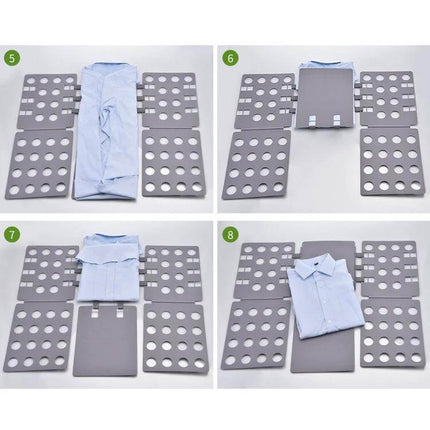Durable Plastic Laundry Storage Shelf Organizer 66x57 cm showing folding steps and shirt placement for neat storage and adjustable spacing